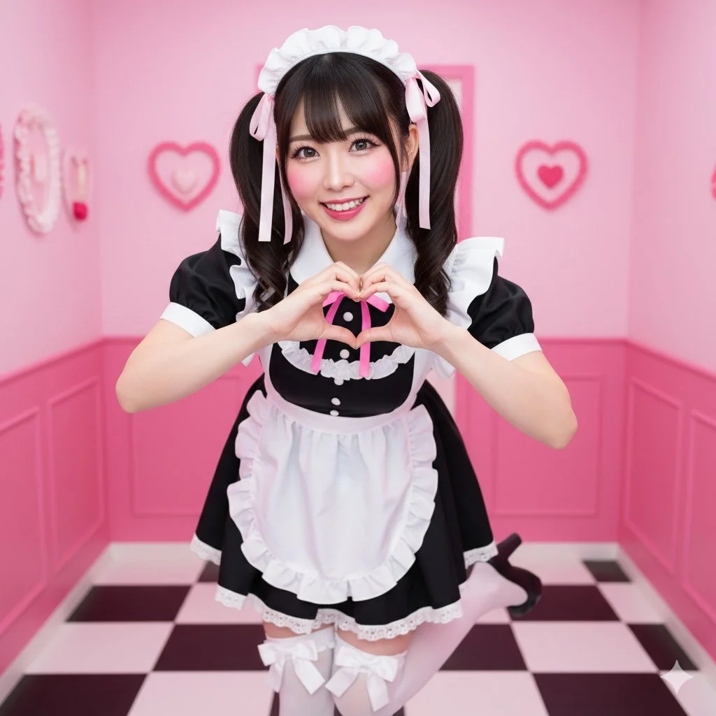 ChatGPT Image Prompt - Twin-tails girl making heart gesture maid cafe style