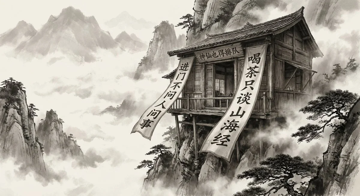 ChatGPT Image Prompt - Chinese ink painting realistic photography mountain teahouse